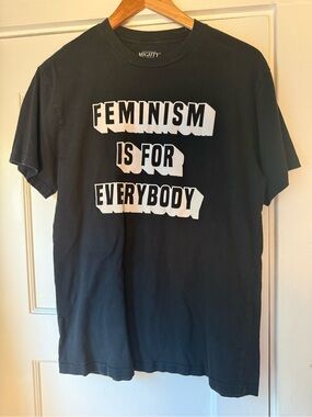 Mighty Fine Black Tee with “Feminism is for Everybody” Slogan Men’s Size S